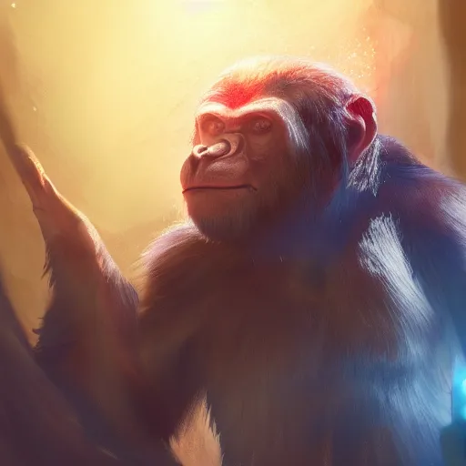 Image similar to Bored ape magician casting bright magic light spell, D&D, fantasy, cinematic lighting, highly detailed, digital painting, artstation, concept art, smooth, sharp focus, illustration, volumetric lighting, 8k, art by Akihiko Yoshida and Greg Rutkowski