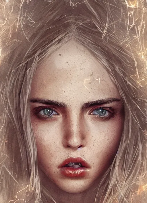 Image similar to blond girl hell spawn at the fiery pits of hell, flawless symmetrical pretty cute face, ana de armas, greg rutkowski, 8 k, shallow depth of field, intricate detail, concept art,