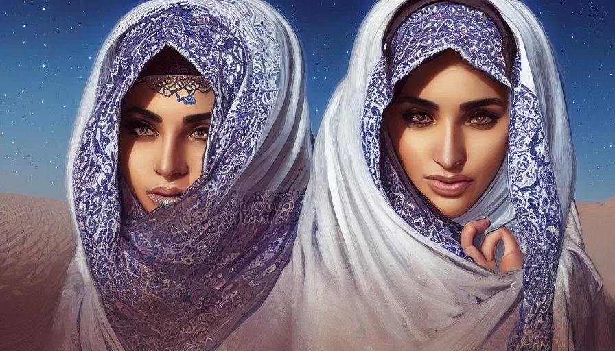 Image similar to Portrait of very very very very beautiful Arab woman wearing a Niqab, under giant full moon in the desert, intricate, glowing magical eyes, energy trails, elegant, highly detailed, digital painting, artstation, concept art, smooth, sharp focus, illustration, art by artgerm and greg rutkowski and alphonse mucha