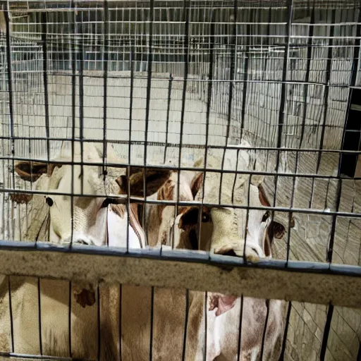 Prompt: inmates with cow heads inside a jailcell