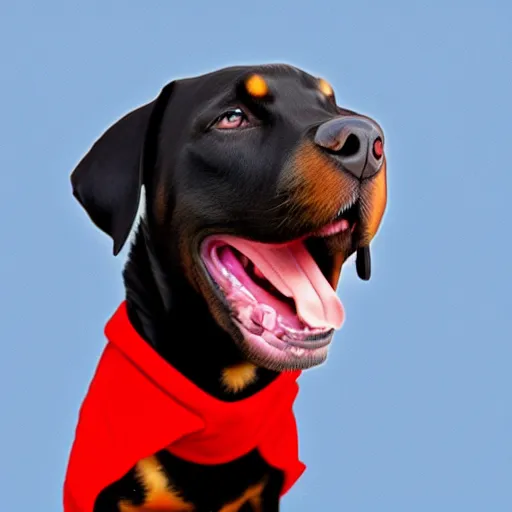 Prompt: Rottweiler wearing a red hoodie, digital art