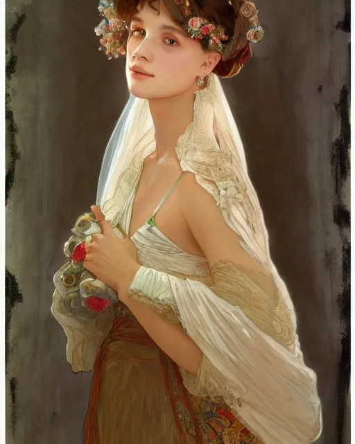 Image similar to a painting of a girl resembling alicia vikander or millie bobby brown in a wedding dress, highly detailed, intricate, artstation, by alphonse mucha