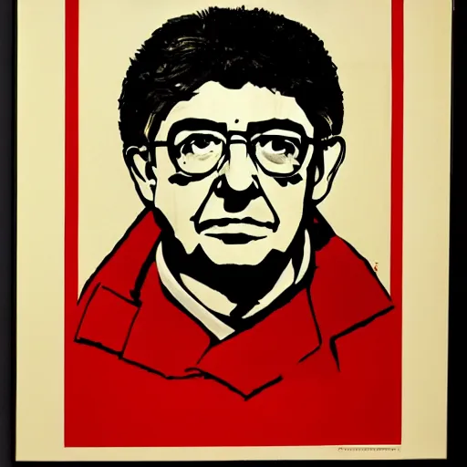 Image similar to portrait of Mélenchon, in the manner of Soviet propaganda, high details, symmetrical face