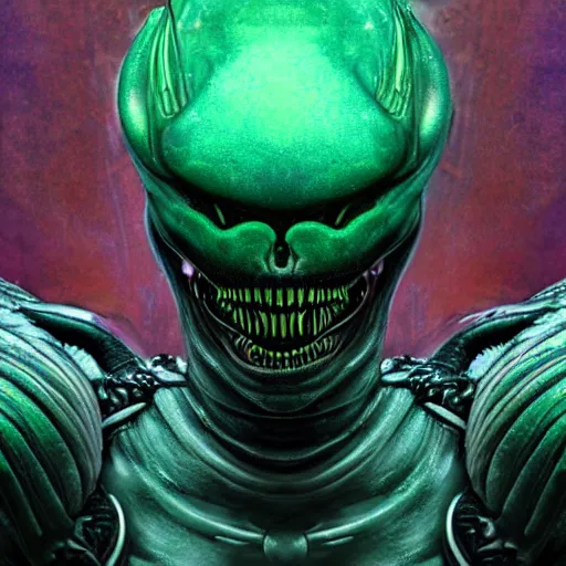 Image similar to xenomorph queen human hybrid, dragon eggs, dark emerald mist colors, giger void liminal backfill, realistic, award winning photograph, various refining methods, micro macro autofocus