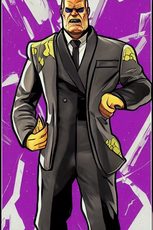 Prompt: Thanos in a business suit in the style of GTA cover art, grand theft auto cover