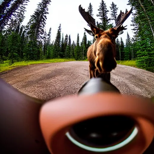 Prompt: close - up fisheye photo of a moose sniffing the camera