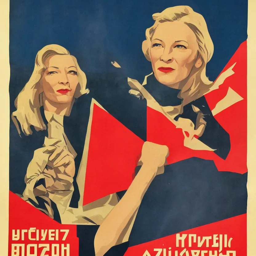 Image similar to soviet propaganda poster with cate blanchett calling on the world community to fight against Nazism, Ultra Detailed, high resolution, soviet realism