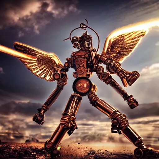 Image similar to a steampunk robotic angel with gun arms shooting, intense, extremely detailed, anime, sparks, clouds, sky, beautiful, sunny, copper, pipes, rusty, metal, cinematic lighting, sharp focus, copper wings,