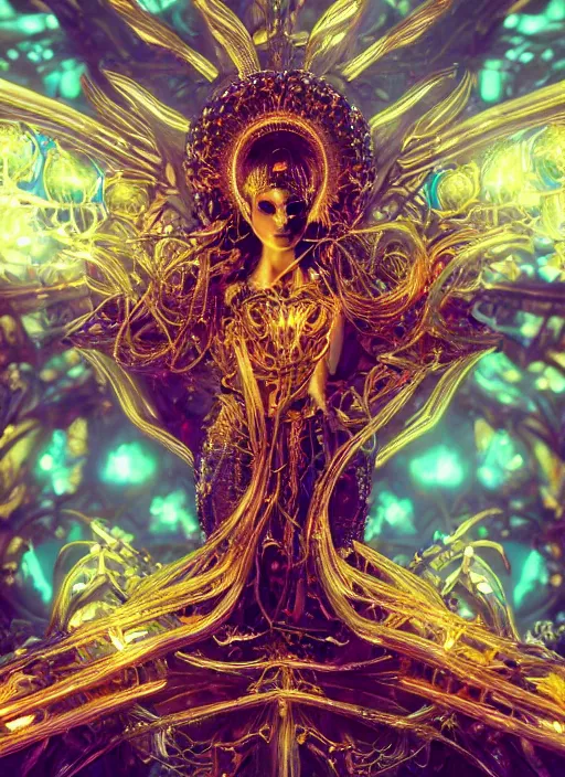 Image similar to beauteous sumptuous goddess, crystal, gold, copper, bronze biomechanical with incredible iridescent pearlescent voluminous fluorescent neon indirect soft glow cinematic lighting, crystalline masterpiece incrustations, hyperdetailed features, movie still, intricate, octane render, cinematic forest lighting, unreal engine, crepuscular rays, god rays
