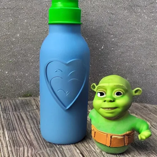 Image similar to a children's bottle inspired and themed by shrek's design, a bottle n the shape of shrek, high quality product, product design, sherek head design as a bottle, sherek toy, kid's bottle, shrek toy, shrek toy, product design