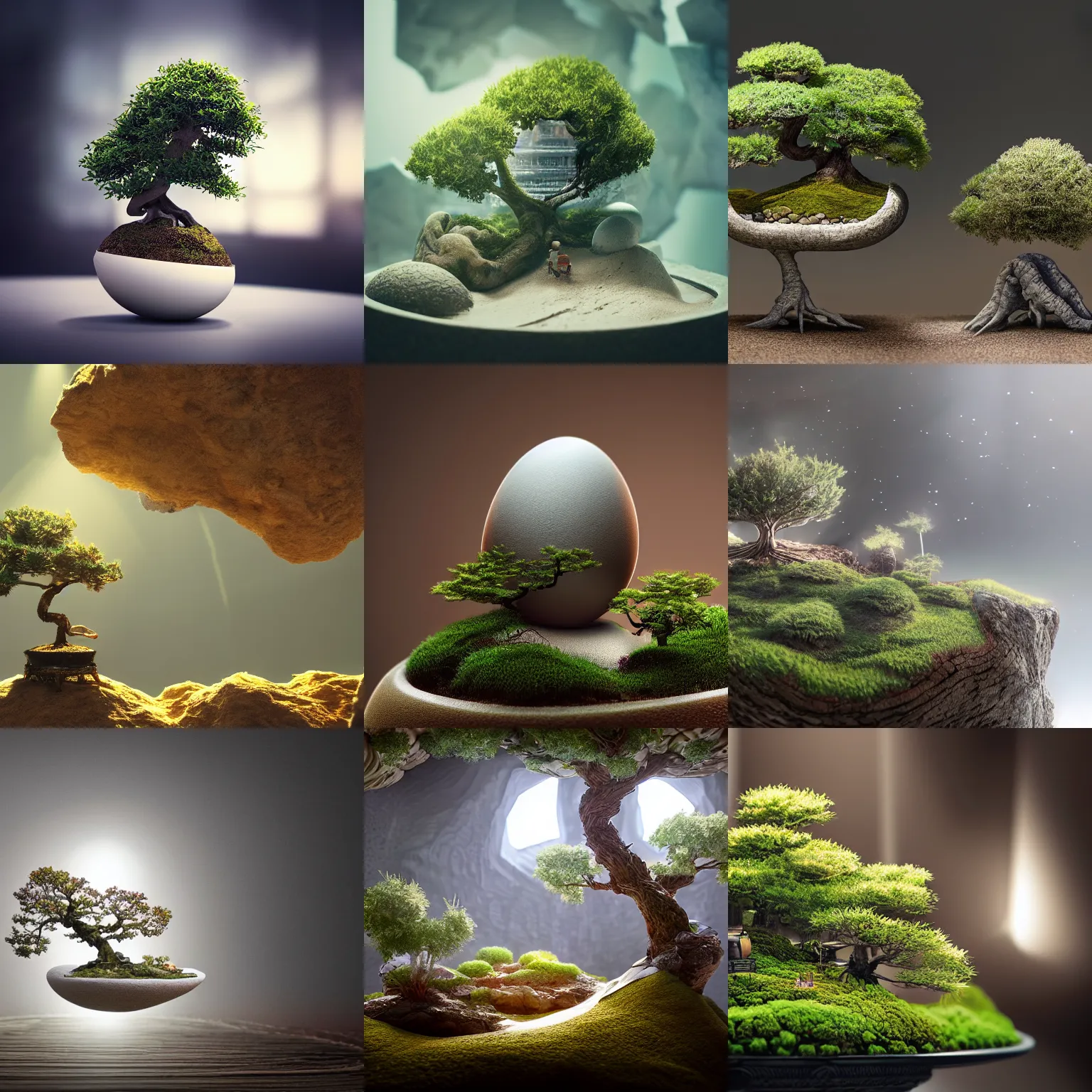 Prompt: miniature world inside of an eggshell, bonsai, intricate detail, volumetric lighting, epic composition, hyper detailed, ultra realistic, sharp focus, octane render, volumetric, ray tracing, sense of awe, swirling mist, 4 k