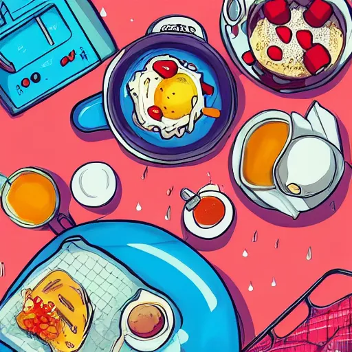 Image similar to breakfast, rainy day, anime, ghibli, 9 0 s, retro style, aesthetic, chill, room