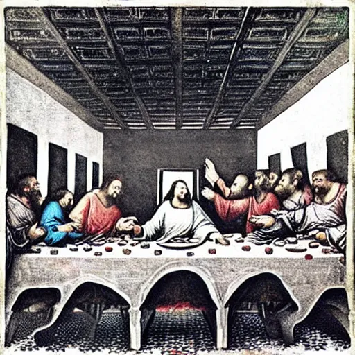 Prompt: “the last supper, but it’s in the backrooms with backroom monsters”
