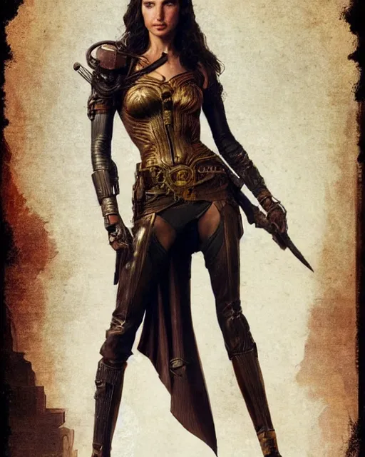 Image similar to highly detailed steampunk gal gadot standing : leonardo da vinci, greg rutkowski, magali villeneuve