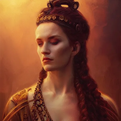 Image similar to majestic gracious regal seductive hekate portrait, ancient greece, atmospheric lighting, painted, menacing, intricate, volumetric lighting, beautiful, rich deep colours masterpiece, golden hour, sharp focus, ultra detailed, by leesha hannigan, ross tran, thierry doizon, kai carpenter, ignacio fernandez rios