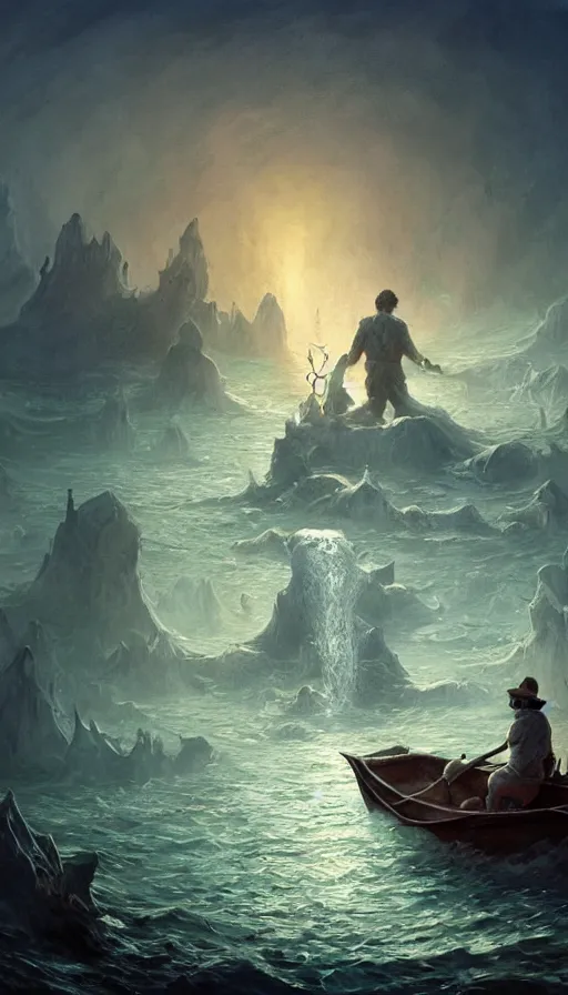 Image similar to man on boat crossing a body of water in hell with creatures in the water, sea of souls, by disney concept artists