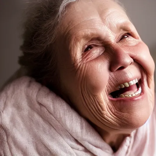 Image similar to an old woman smiling. she has a thin transparent oxygen tubing under her nose