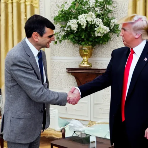 Image similar to mr bean shaking hands with donald trump