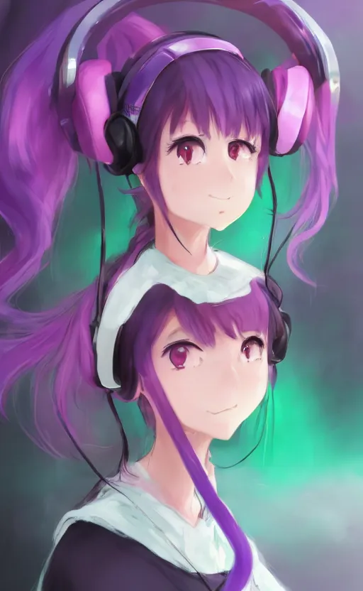 Image similar to anime girl with pink ponytail, wearing purple headphones, wearing a green sweater, with a smile on her face and her eyes closed, walking down a street, dynamic lighting, photorealistic fantasy concept art, trending on art station, very detailed, anime concept art, stunning visuals, creative, cinematic, ultra detailed