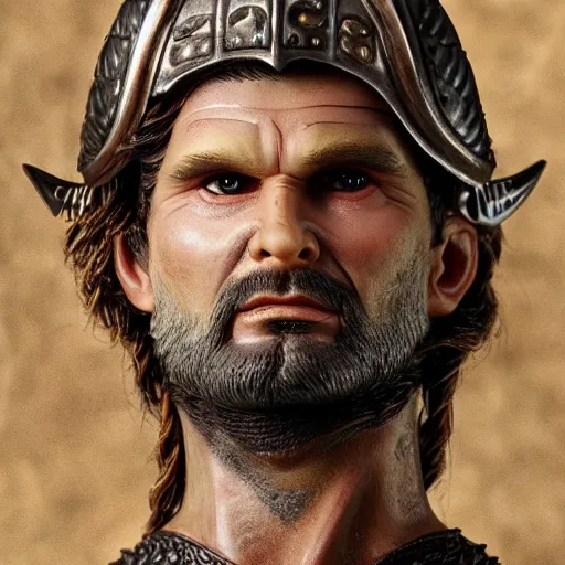 Image similar to of a viking from valhalla, wearing the horned helmet ultra fine detail, hair strands, ultra high resolution, fine texture detail, miniature painting techniques, perfect proportions, marvel cinematic universe, eric bana