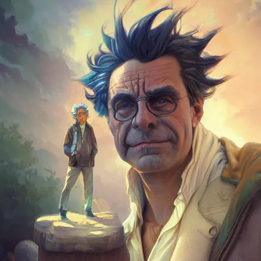 Image similar to Rick Sanchez, artists portrait, fantasy, highly detailed, digital painting, concept art, sharp focus, depth of field blur, illustration, art by artgerm and greg rutkowski and alphonse mucha