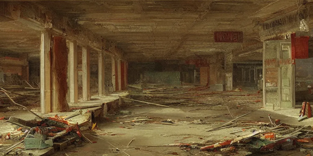 Image similar to an abandoned supermarket painted by thomas cole