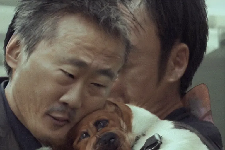 Image similar to cinematography action movie closeup portrait of a Japanese business man carrying his dog running from an explosion in Tokyo by Neil blomkamp