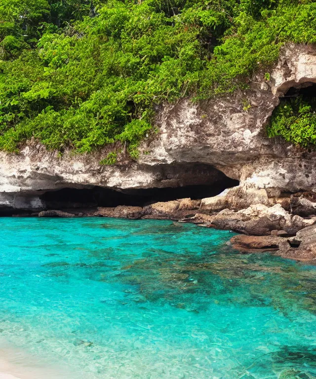 Image similar to turtle bay beach jamaica, sharp cliffs, island with cave