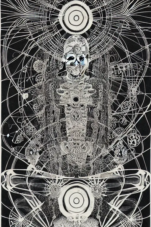 Image similar to a black and white drawing of an ancient future japanese temple samurai, bioluminescence, a detailed mixed media collage by hiroki tsukuda and eduardo paolozzi and ernst haeckel, intricate linework, sketchbook psychedelic doodle comic drawing, geometric, street art, polycount, deconstructivism, matte drawing, academic art, constructivism