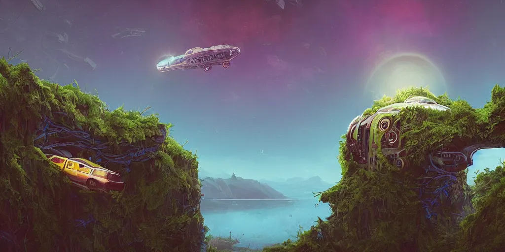 Image similar to a crashed, abandoned spaceship hanging partially over a cliff. The spaceship is covered in vines. Beneath the cliff is an alien lake. In the sky are two suns. Detailed digital matte painting in the style of simon stalenhag