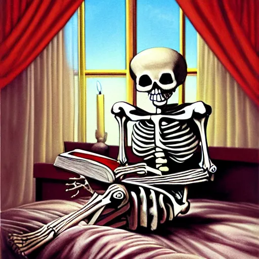 Image similar to a skeleton that is wearing pajamas in bed, and he is reading a big book, matte oil painting, by tim jacobus, goosebumps cover art, inside of a bedroom, 9 0 s, extremely detailed, sharp focus, 4 k