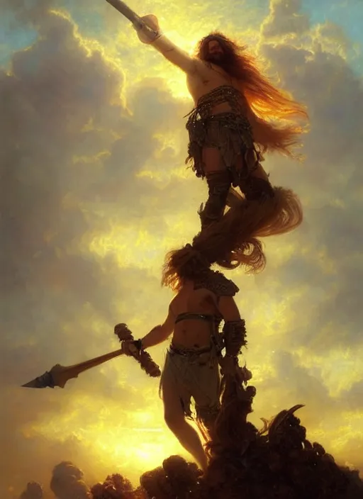 Image similar to portrait painting of a male barbarian, soft hair steampunk ornate zeppelin in the sky sunset golden hour art by greg rutkowski gaston bussiere fantasy soft hair trending on artstation deviantart book cover art concept art key art dramatic volumetric lighting, 4 k, award winning