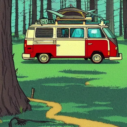 Prompt: a wide shot of a 1 9 9 0 s volkswagon camper van in a forest in the style of studio ghibli and moebius