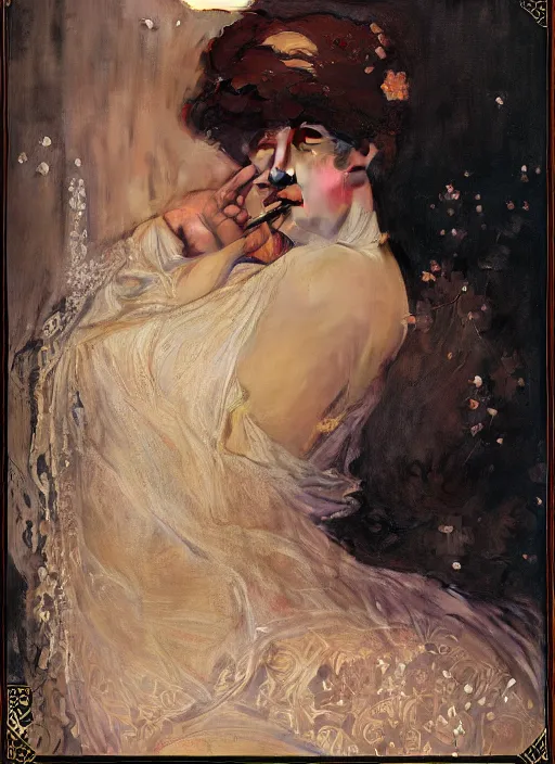 Image similar to a romantic photo of a woman in a dark room wearing lace smoking a cigarette advertisement photography by mucha, nick alm, ruan jia, norman rockwell, greg rutkowski, greg manchess, ethereal, dark, candlelight, pagan, extremely coherent, sharp focus, elegant, sharp features, render, octane, detailed, award winning photography, masterpiece, rim lit