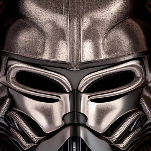 Prompt: close - up photo of fox darth vader hybrid, star wars movie, compound eyes, metallic glossy symmetrical front face portrait, high quality, high resolution, octane unreal 5 realphoto raytrace render, intricate, hyper detailed, hard light, black flat background