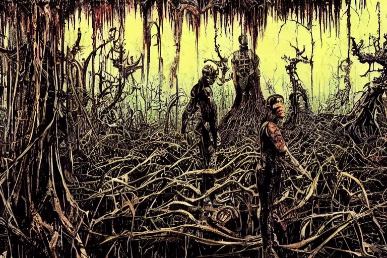 Image similar to scene from louisiana swamps, true detective, artwork by philippe druillet