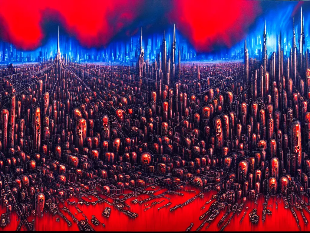 Image similar to an epic cityscape painting of a nightmarish hellscape full of cosmic horrors, wall street, horror, surreal, cyberpunk, dark, vivid, red, blue, oil on canvas, epic, dramatic, cinematic