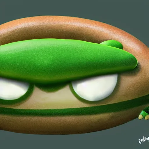 Prompt: Green Sausage with eyes and fangs, fine details, concept art