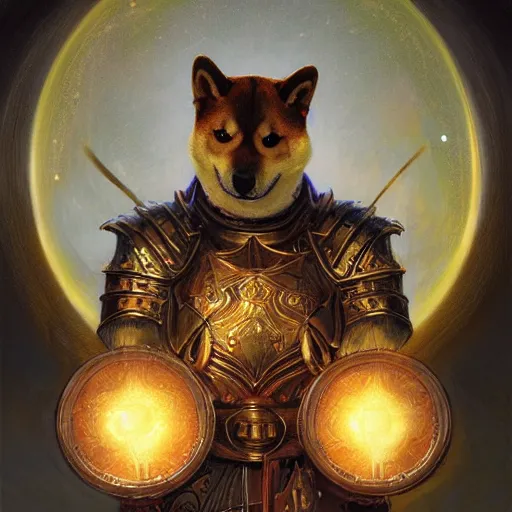 Prompt: anthropomorphic shiba inu, paladin armor, holding sword glowing holy light aura, fantasy, holy light, portrait art by donato giancola and greg rutkowski, realistic face, visible holy aura, digital art, trending on artstation, symmetry