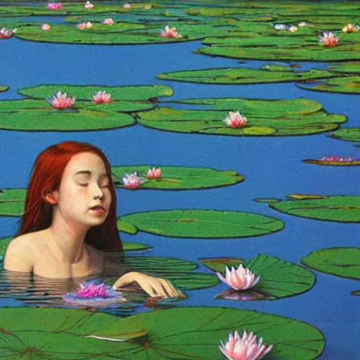 Prompt: A girl bathes in a lake where water lilies are floating, art by moebius, High definition, detailed,