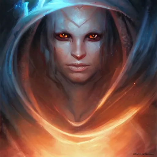 Prompt: enchanting sorcerer painted by Raymond Swanland, symmetric face, no text, C 3