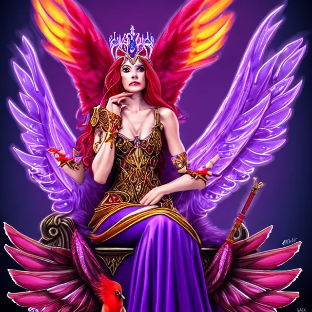 Image similar to Princess sorceress with red flaming bird wings on her back and sitting on an ornate throne dressed in a fancy purple dress, beautiful realistic symmetrical defined face, anatomically correct, Fantasy, Full Portrait, High detail, realistic, planeswalker