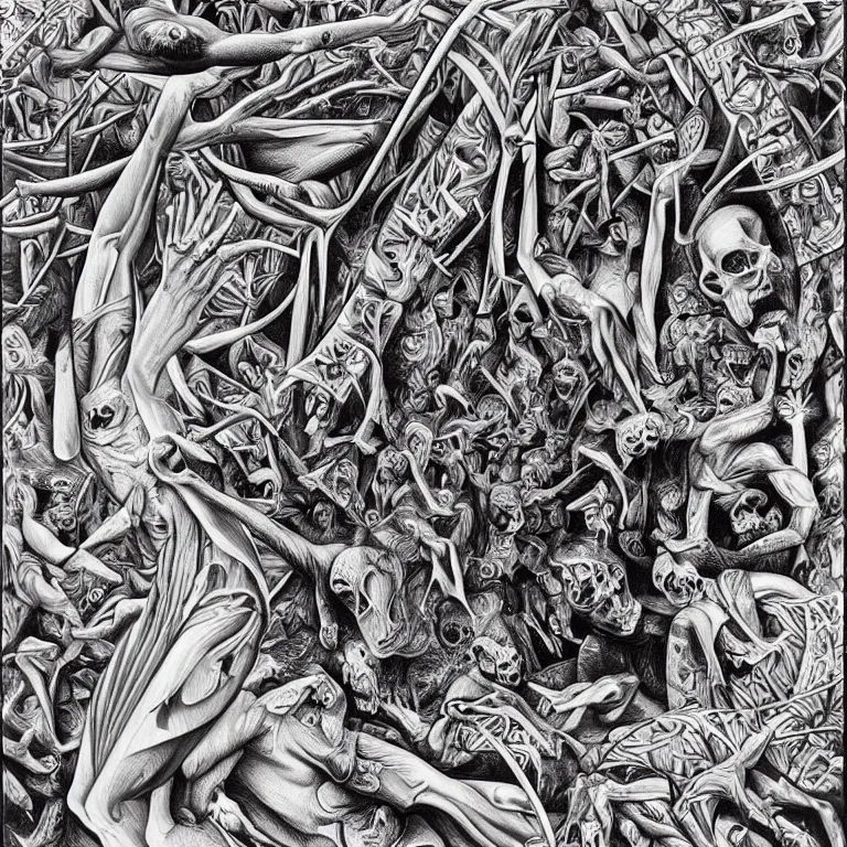 Image similar to meaning of death by Alex Grey and M. C. Escher collaboration