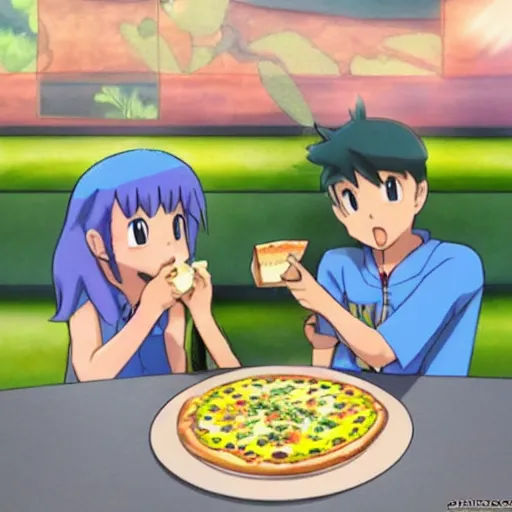 Prompt: misty water flower pokemon manga eating a pizza with brock and ash