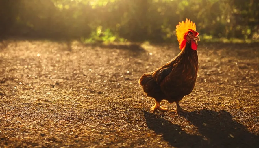 Prompt: A chicken in a movie, cinematic shot, sun beams