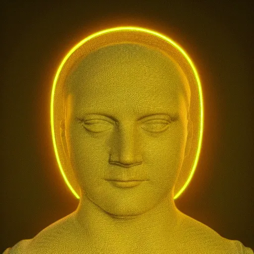 Image similar to a perfect neon circle surrounding the head of a renaissance statue, 3 d render