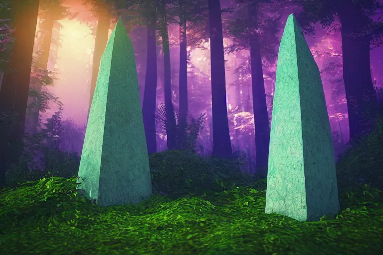 Prompt: super detailed color lowpoly art, thick overgrown forest grove, ancient stone obelisk featuring subtle glowing magic runes, emitting soft nature magic particles, unreal engine, retrowave color palette, 3 d render, lowpoly, colorful, digital art, perspective