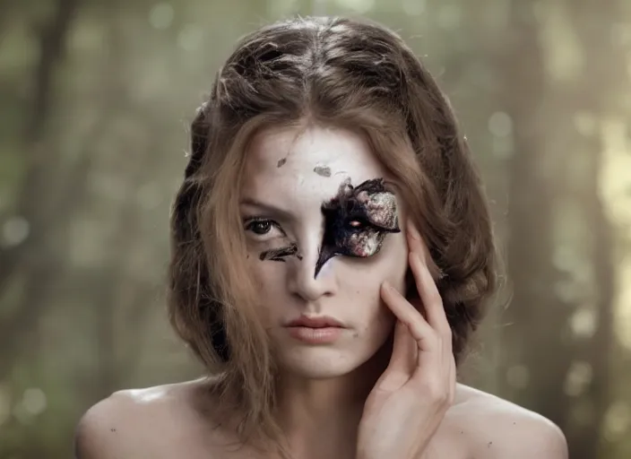 Image similar to movie still of a beautiful woman with a alien facehugger on her face, cinematic full shot.