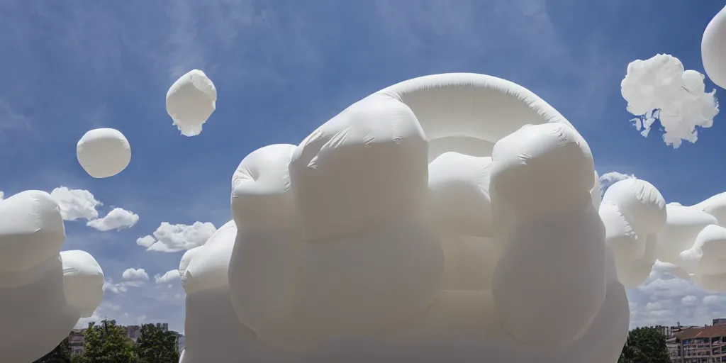 Prompt: inflatable upscaled all - white adult bouncy castle chubby cloud installation levitating in the clear sky, parts by cj hendry, parts by shih chieh huang, parts by anish kapoor, warm soft light, telephoto lens, shallow depth of field realistic, 8 k, hyperrealism, subsurface scattering, raytracing