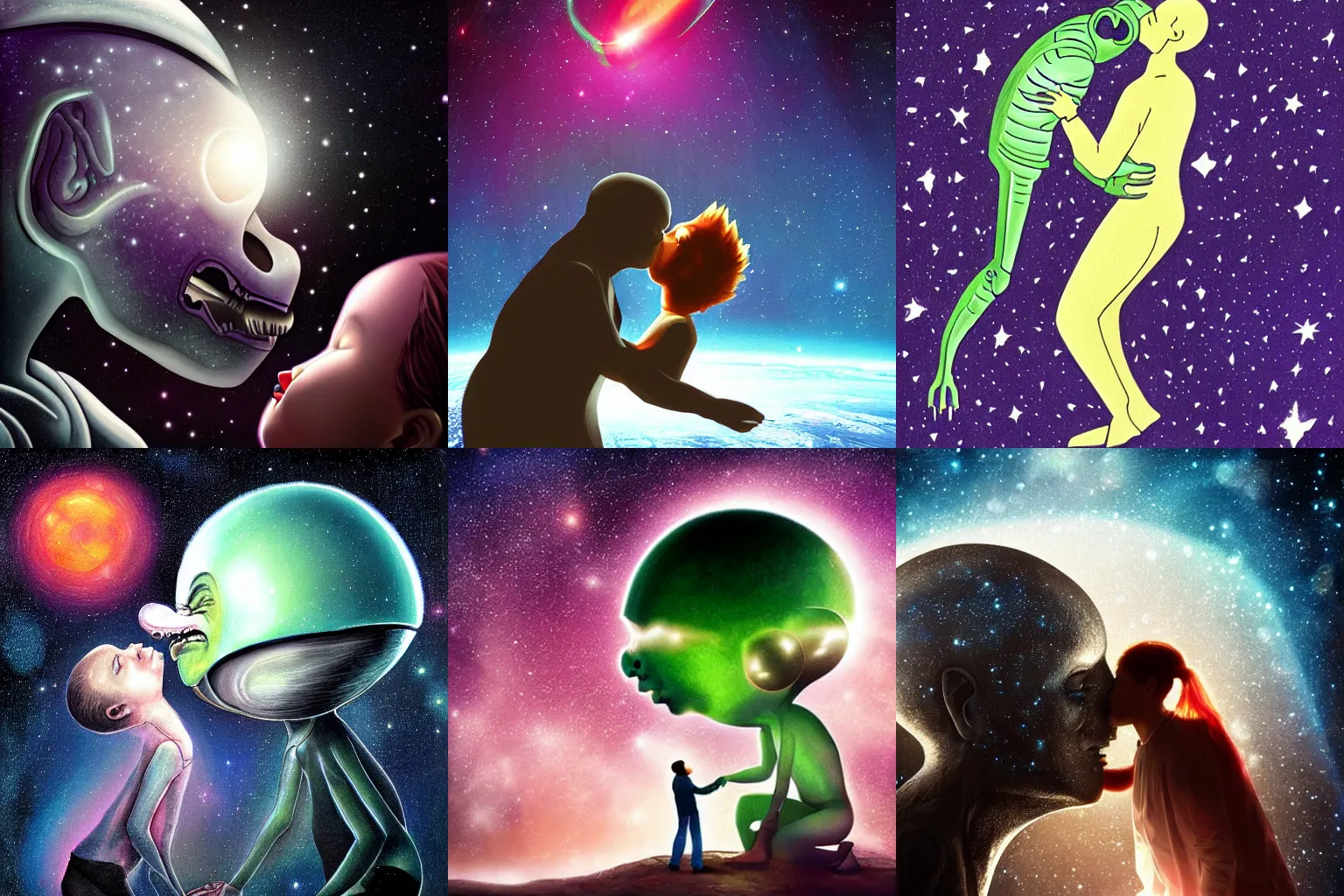 Prompt: Human kissing an extra terrestrial alien outer space, super detailed, in space, ambient lighting, realism, galaxy,